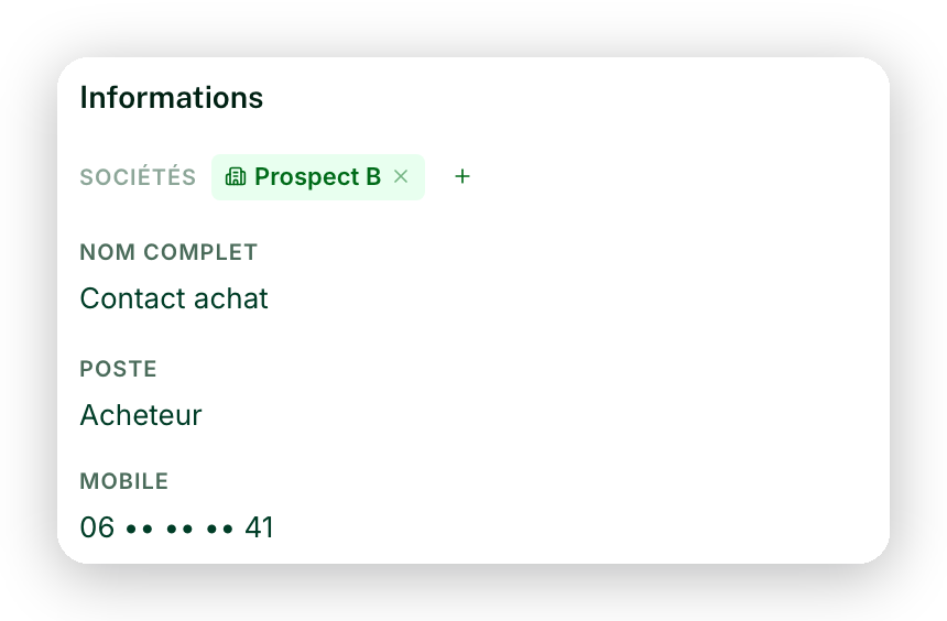 Contact record created in the CRM: company, name, role, masked mobile number