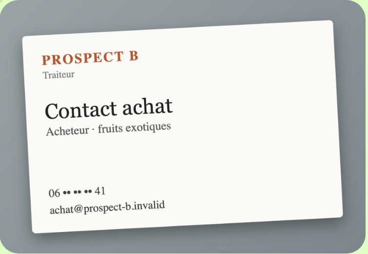 Carte de visite photographiée : Contact achat, acheteur chez Prospect B